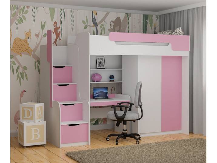Möbel-Zeit Hochbett Hochbett DORIAN mit Schreibtisch und Schrank