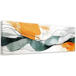 LEINWANDBILD Abstrakt Linien Flecken Orange Türkis Minimalismus 90x30cm