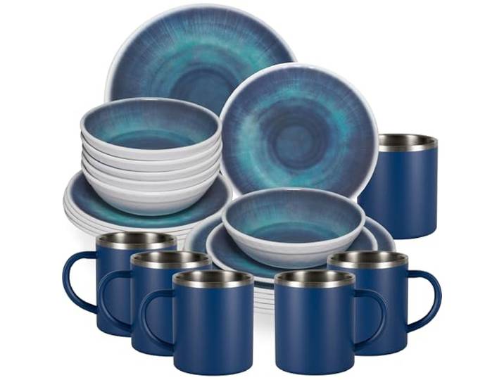 Melamin Geschirr Set Jesolo Blau Edelstahl Thermo Tassen Camping Picknick