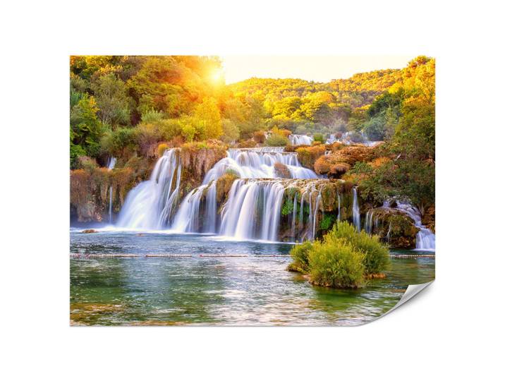 Muralo Fototapete für Esszimmer Wasserfall Sonnenaufgang Morgenlicht Bäume 500x350, Grün, Gelb, Orange, Braun, Weiß, Beige, Papier, Wasser/Strand/Meer, Baum/Pflanze/Natur, Rechteckig, 500x350 cm, Tapeten & Wandverkleidungen, Fototapeten