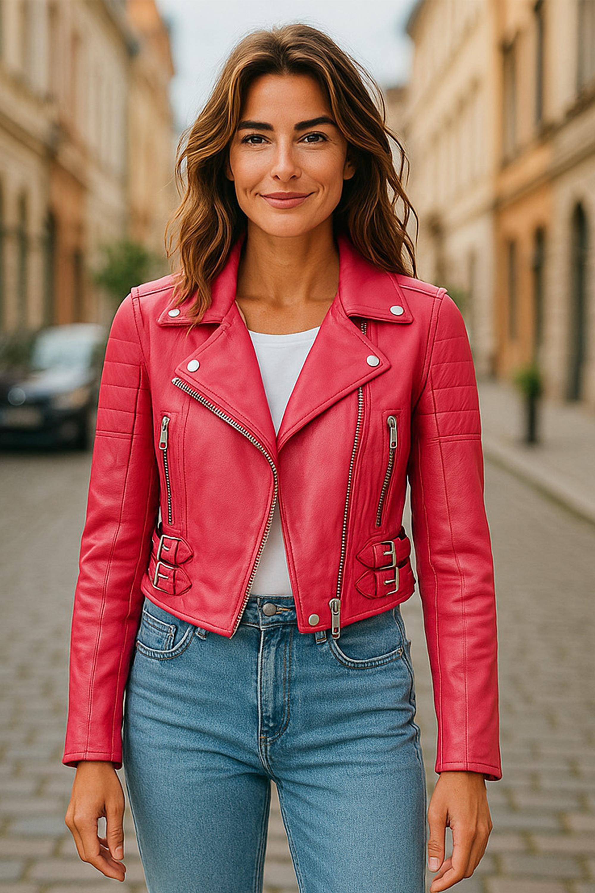 Damen Fuchsia Pink Kurze Brando Leder Bikerjacke-Durban