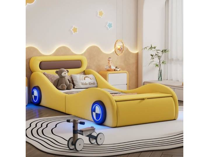 Lit enfant voiture - JAERLIUB - 90x200cm - Jaune - Roues lumineuses - Rangement intégré