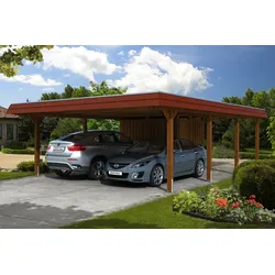 Skan Holz Walmdach Carport Breite 630cm inkl. Abstellraum nussbaum rote Blende Holzcarport