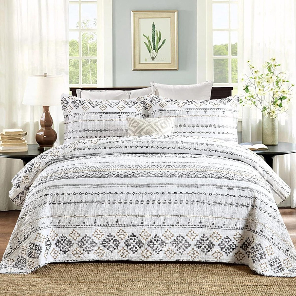 3-delige omkeerbare katoenen quiltset voor Queen bed, wit grijs