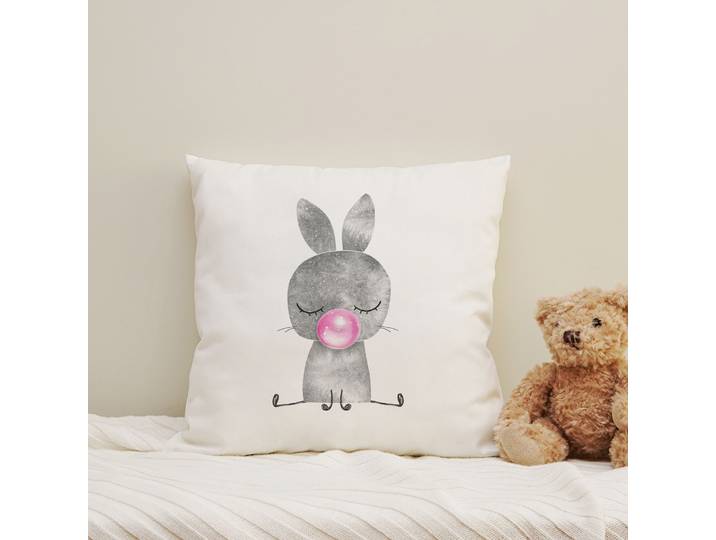 Dekokissen QUEENCE Hase mit Kaugummi , grau (grau, bedruckt gemustert), B:40cm H:1cm L:40cm, Polyester, Dekokissen_Sitzkissen_Kissenhüllen, Dekokissen, Kissenhülle mit HD Premium Druck, geruchsneutral, 40x40cm
