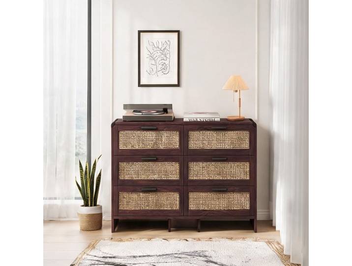 Meuble de rangement d'angle 130cm à 6 tiroirs en rotin design arc de cercle teinte warm brown