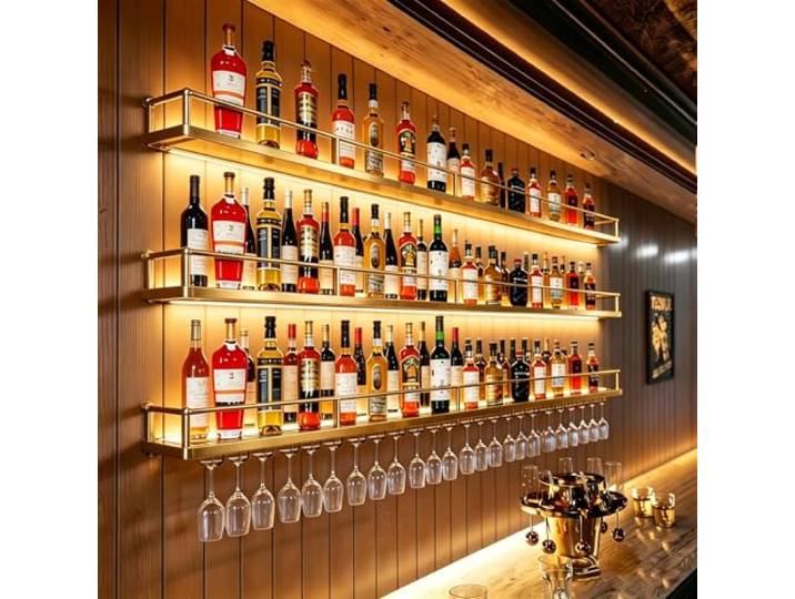 AUSKLEZU Wandweinregal aus Metall, 3 Ebenen, Wandmontage, mit Glashalter – Modernes, schwebendes Weinregal zur platzsparenden Aufbewahrung, ideal für Hausbar, Küche und Esszimmer (Gold, 120CM)