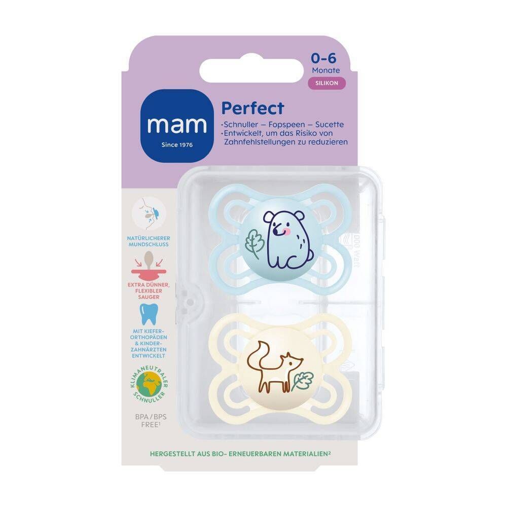 MAM Perfect Fopspeen Silicone Blue 0-6 2 St Schnuller