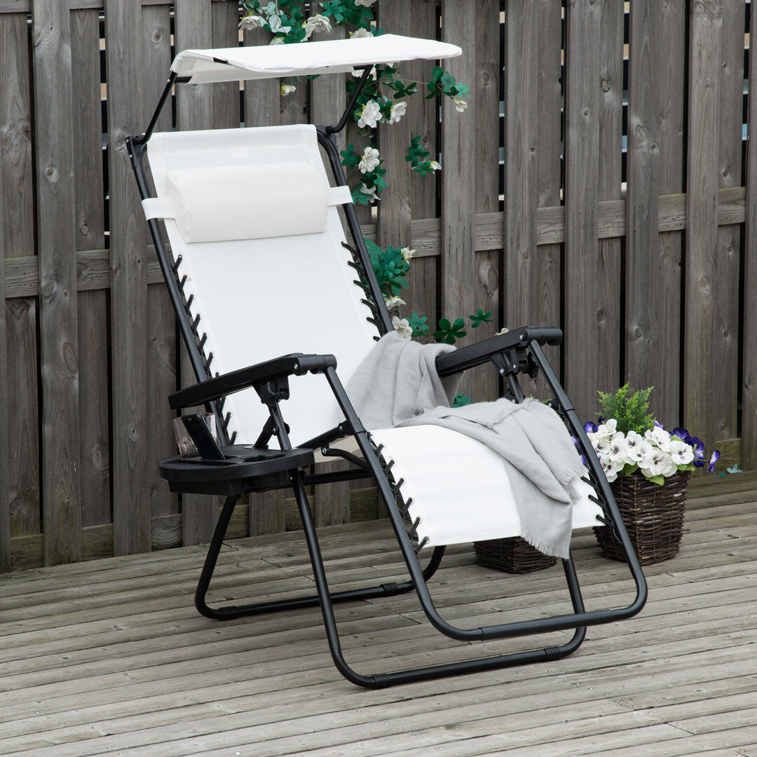 Dakota Fields Inglewood Foldable Reclining Garden Chair Headrest Zero Gravity White 110cm H X 67cm W X 90cm L