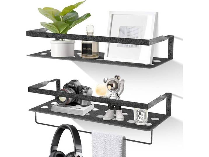 Uten Étagère Murale en Métal Lot de 2 Étagères Flottantes Rangement Mural Noir et Argenté pour Maison Salon Chambre