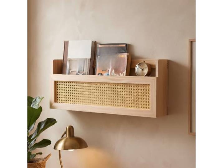Wandregal aus Rattan, Schweberegal aus Massivem Kiefernholz Handgeflochten, Wandmontage, Badezimmer, Schlafzimmer, Küchenregal(Wood,L60*H24CM/23.6*9.4IN)