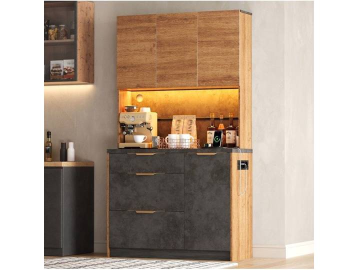 ULEVR Buffet de cuisine haut 100 x 40 x 180 cm 4 portes 3 tiroirs LED RGB et prises USB
