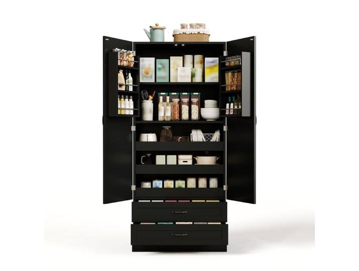 Buffet haut de cuisine - Buffet haut de cuisine Noir - 2 portes 2 tiroirs - Portes vitrées - Noir 80x37.5x180 cm