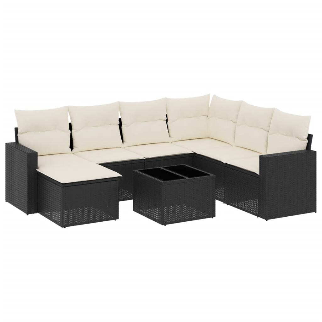 Modulares Gartensofa-Set, Outdoor Lounge-Garnitur mit Stauraum, PE-Rattan, UV-beständig, 8-teilig, Cremeweiß Kissen, Schwarz