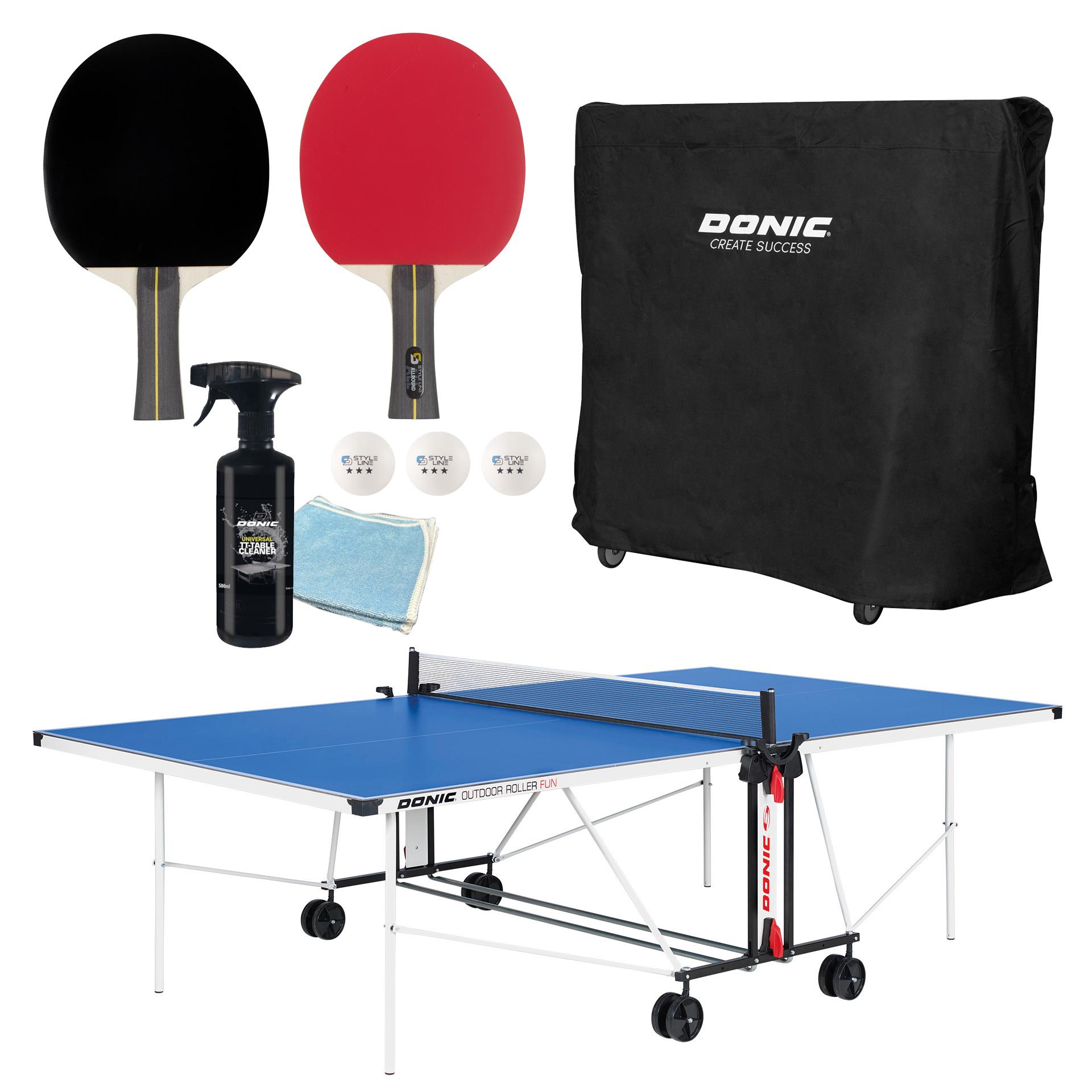 Donic Outdoor+Indoor Tischtennisplatte Roller Fun, inklusive 1 Abdeckhülle, 2 Tischtennisschläger, 1 x Tischreiniger mit Tuch, TT-Netz, Schlägerhalter