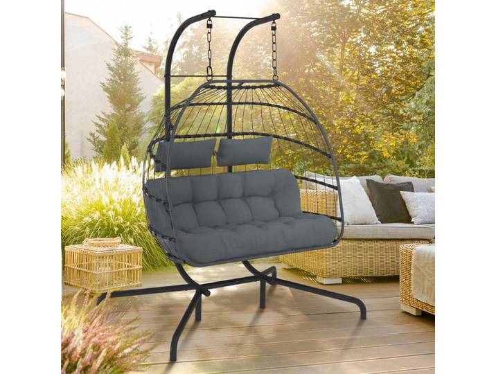 IDMARKET Fauteuil oeuf suspendu ajouré 2 places effet rotin gris avec coussin gris