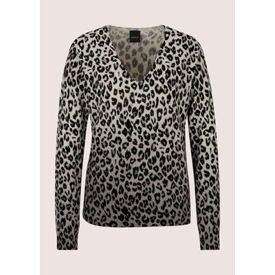 Longpullover MADELEINE "Strickpullover Luxuriöser Wollpullover mit Animal-Design", Damen, Gr. 34, grau (silbergrau, schwarz, multicolor), Obermaterial: 100% Schurwolle WV., Modern, V-Ausschnitt, Pullover Longpullover, Animal Design mit Farbverlauf