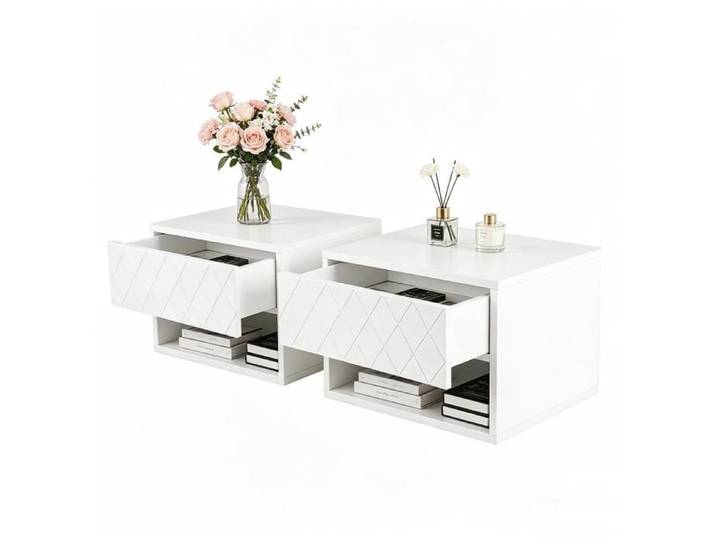 Lot de 2 Table de Chevet Murale Blanche avec Tiroir VIVOLILV Design losange moderne Commode Suspendue avec Étagère Petit Espace