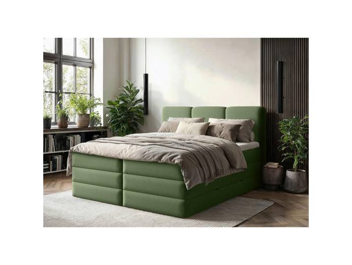 Boxspringbett, Grün, 160x200 cm, Holz & Textil, Bettkasten, Gepolstertes Kopfteil, Modern, MID.YOU