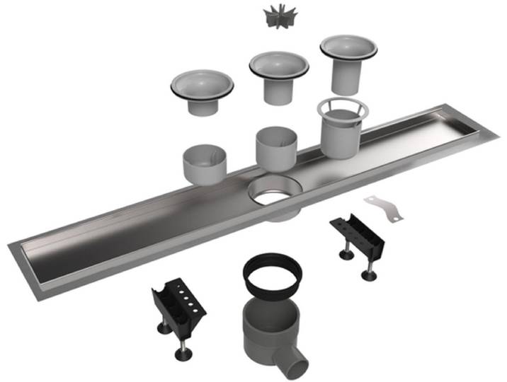 Easy Drain Multi inbouwdeel RVS zonder rooster met RVS flens waterslot 30/35/50mm 70cm inbouw diepte vanaf 79mm met zijuitloop