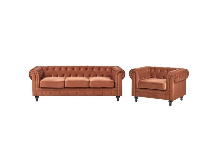 SOFA-SET 4-Sitzer Samtstoff Goldbraun Chesterfield