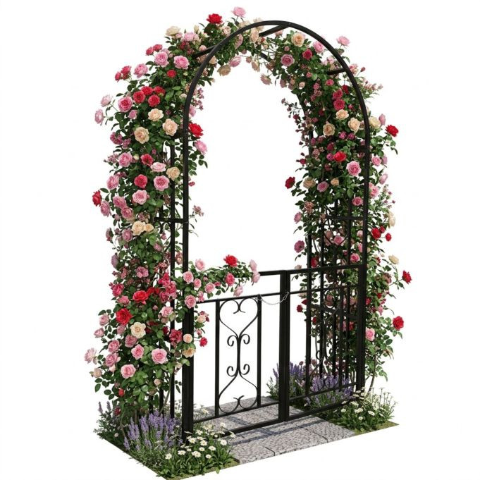 Relaxdays Zwarte metalen rozenboog met poort voor klimplanten, H: 206 cm, B: 114 cm, D: 50 cm