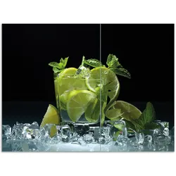 Wallario Herdabdeckplatte 80 x 52 cm (BxH), 1-teilig Mojito - Cocktail mit Limetten, Eis und Minze