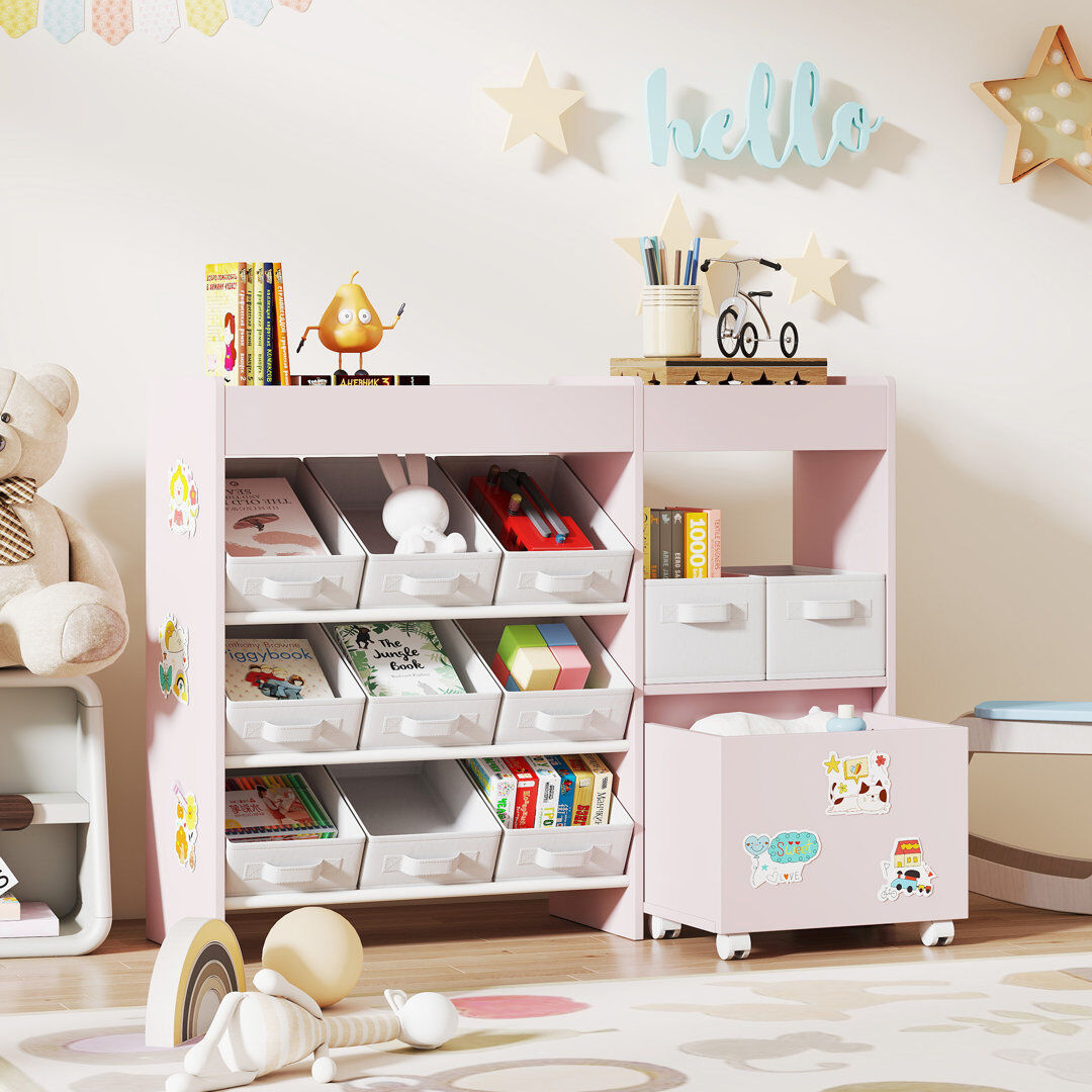 Isabelle & Max AIYAPLAY Kids Toy Storage Unit with 11 Fabric Bins, 3 Stickers, Pink Pink 80cm H X 105cm W X 30cm D