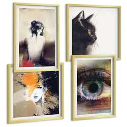 BILDER SET 4er Set - 50x50 cm & 40x60 cm Goldrahmen - Porträt einer Frau, Auge, Farben, Emotionen
