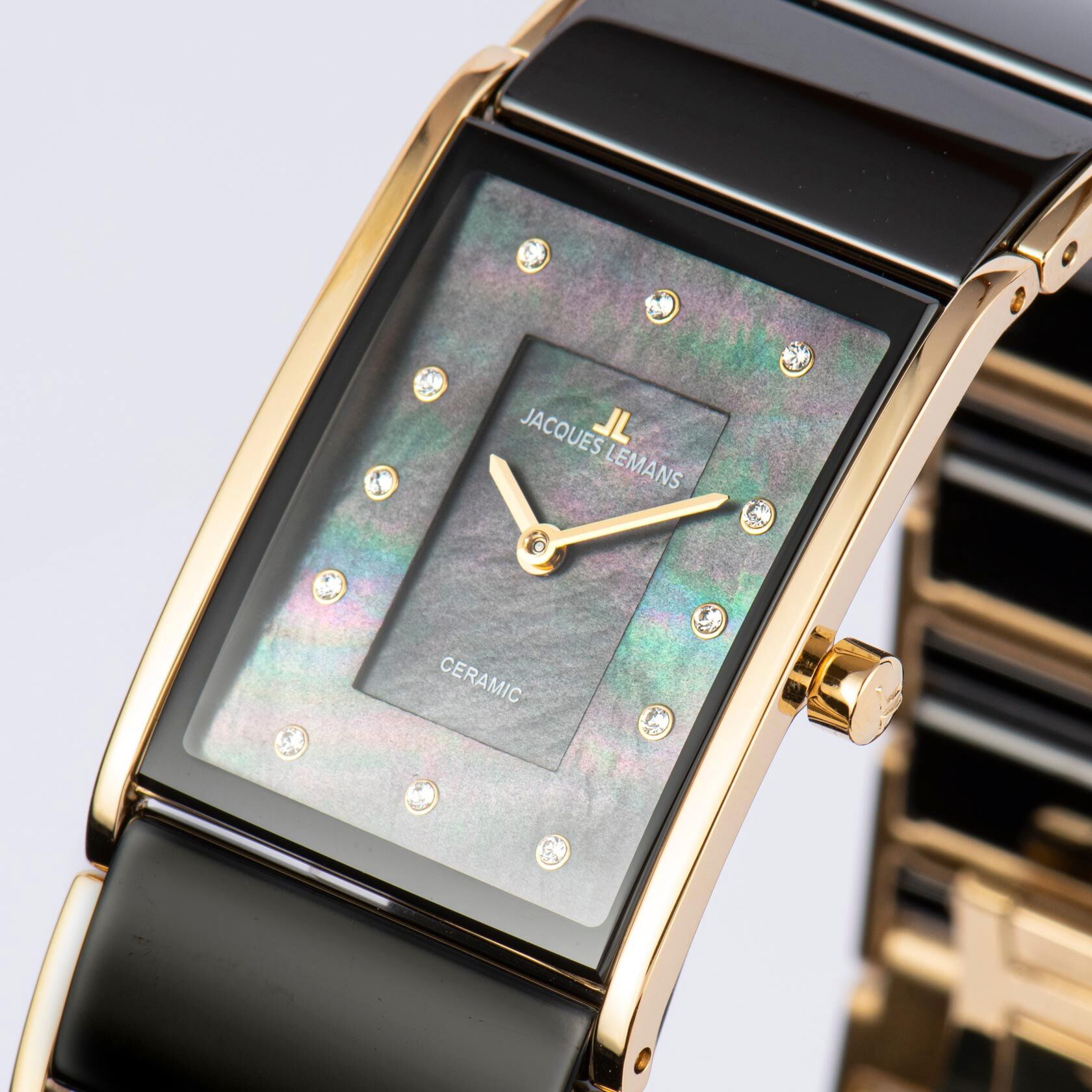 Keramikuhr JACQUES LEMANS "Dublin", schwarz (schwarz, goldfarben, schwarz), Armbanduhren, Damen, goldfarben, Keramikuhr, Quarzuhr, Armbanduhr, Damenuhr, Perlmutt-Zifferblatt,Keramikarmband