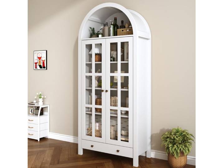 ULEVR Vitrine haute arche blanche en MDF 75 x 35 x 170 5 cm portes acrylique 1 tiroir étagères réglables