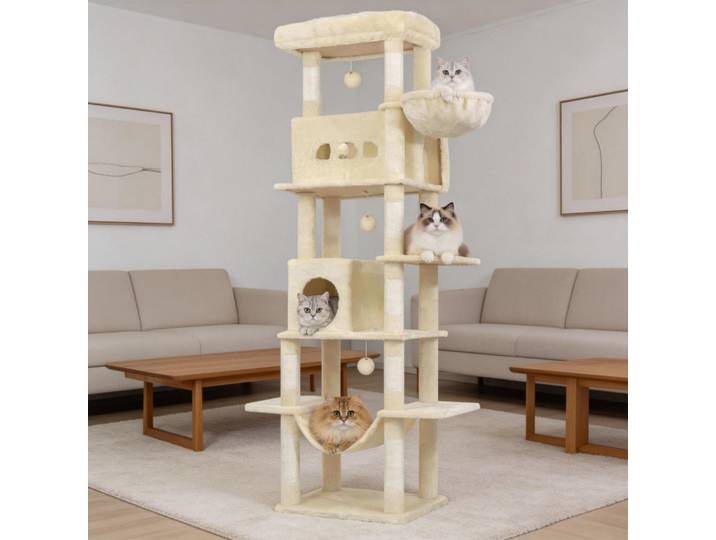 Grand griffoir pour chat, 210 cm de haut, avec 8 poteaux à griffer, 2 niches, grandes plateformes, tapis lavable, hamac