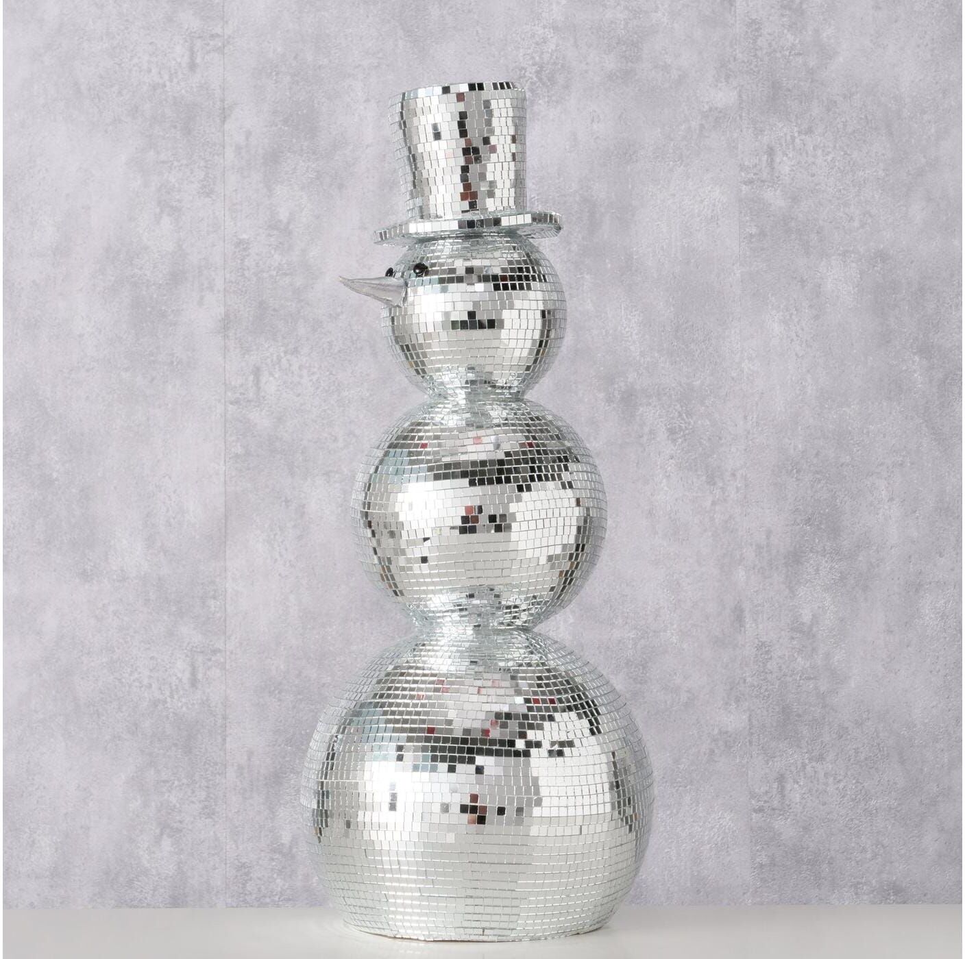 Weihnachtsfigur BOLTZE "Schneemann Disco 50 x 22 cm", silber (silberfarben), B:22cm H:50cm, Glas, Polystyrol, Dekofiguren, Weihnachtsfigur silberfarben B/H/T: 22cm x 50cm