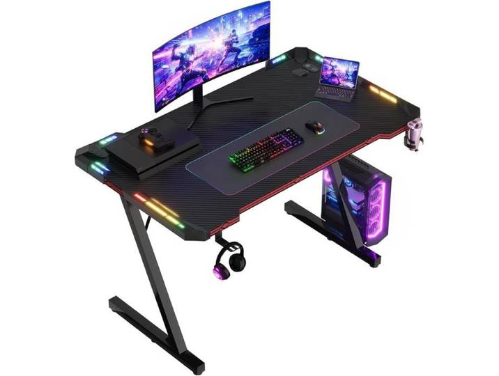 Bureau Gaming Professionnel Rgb 120X60Cm-Plateau Carbone Anti-Rayures Imperméable-Pieds En Z Rétroéclairage Led Porte-Casque