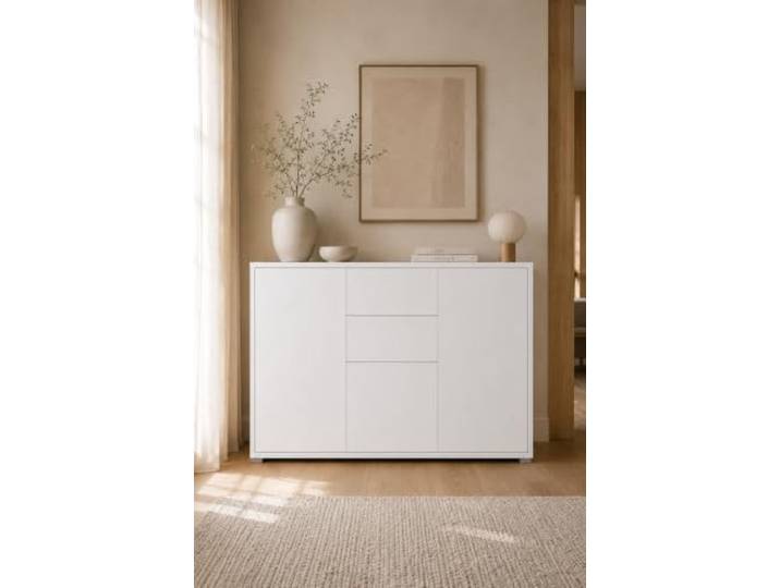 Elvora DESIGN. Kommode Weiß ORSINA, Schrank 3 Türen und 2 Schubladen Modern, Minimalistisch, Skandinavisch, Push-to-Open, Inbusschlüsselsatz, Wohnzimmer, Schlafzimmer, Flur, Stabile Konstruktion
