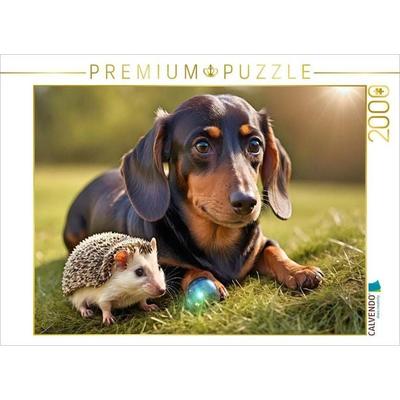 CALVENDO Puzzle Dackel und Igel im Gras | 2000 Teile Lege-Größe 90 × 67 cm Foto-Puzzle für glückliche Stunden, von , Calvendo Puzzle