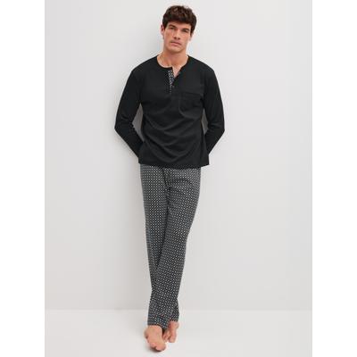 Schlafanzug CALIDA "Relax Cosy Vibes 4", Herren, Gr. L (52/54), Interlock, schwarz-weiß (schwarz), Interlock, Obermaterial: 100% Baumwolle, bequem lang, Rundhals, Homewear-Sets Schlafanzug, kleine Kopfleiste vorn, Brusttasche, Interlock-Qualität