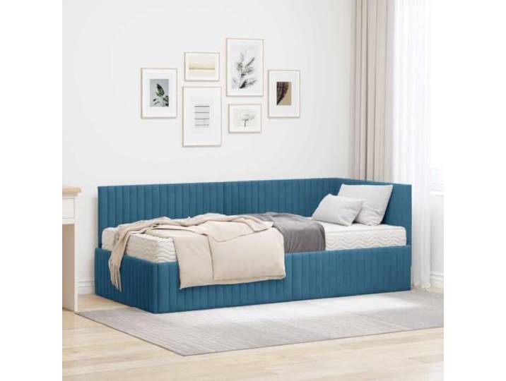 LPERTGFHU Bettgestell, Polsterbett mit Matratze, 90 x 190 cm Blau Samt Wandmontiertes Kopfteil, Inklusive Mittelharte Matratze, Stabiles Sperrholz