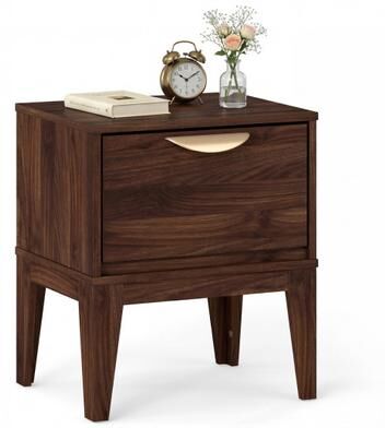 Costway Mid Century Modern Bedside Table with Drawer and Tapered Support Feet for Bedroom-Walnut