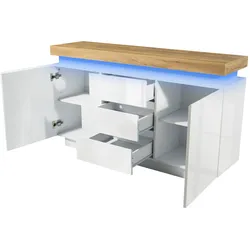 STILVORA Sideboard Kommode 140x39x81 cm Weiß Hochglanz mit 2 Türen 3 Schubladen und LED Beleuchtung App Steuerung verstellbare Einlegeböden