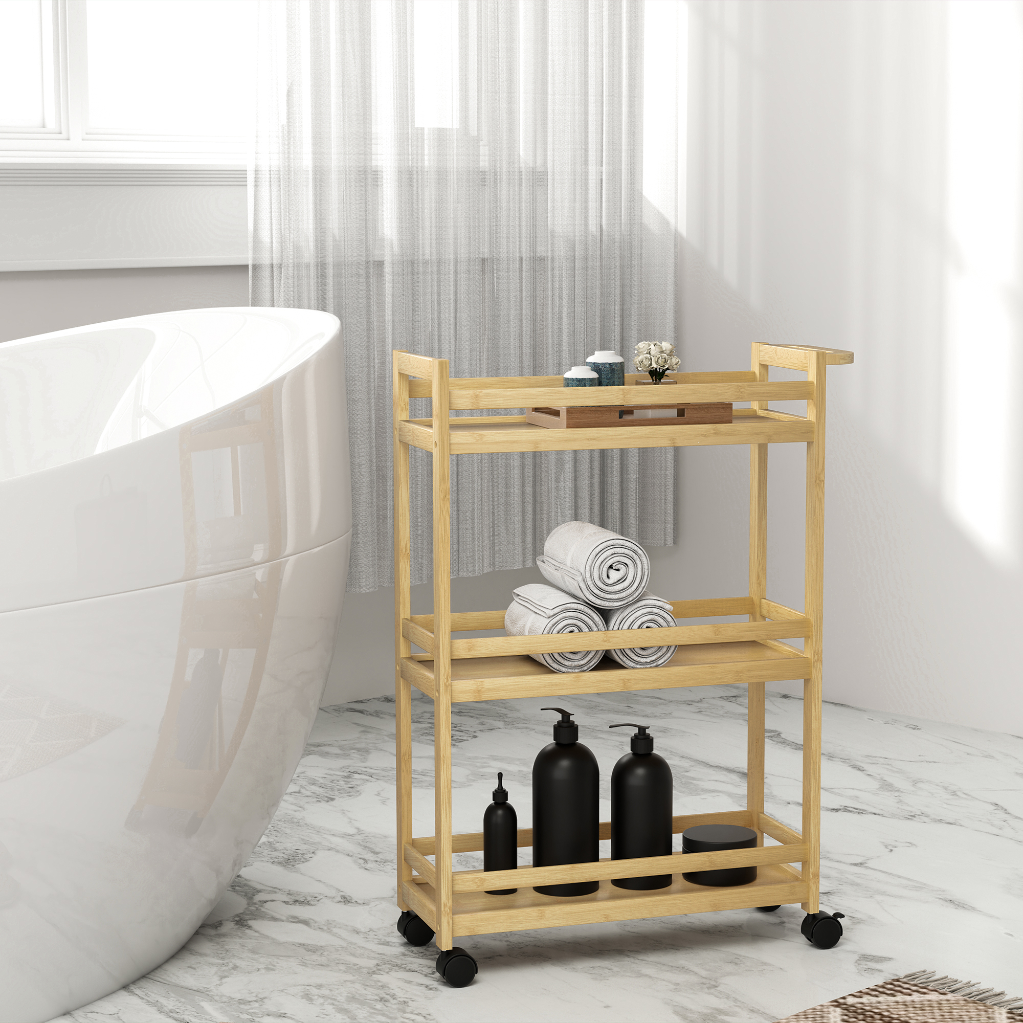 Homcom Carrello Portaoggetti Salvaspazio con Ruote a Freno e Maniglia, 55x20x75 cm, Naturale   Aosom Italy