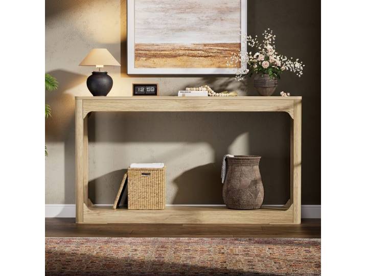Table Console 140 cm Bois Naturel Console Moderne FloraGrace Pour Entree Et Couloir 2 Niveaux Ouverts 140x30x79cm