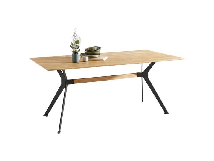 Linea Natura Esstisch, Schwarz, Eiche, Holz, Metall, Asteiche, massiv, rechteckig, X-Form, 100x75x240 cm, in verschiedenen Größen erhältlich, Holzmöbel, Holztische, Esstische Holz