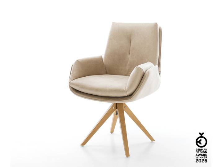 Drehstuhl Clea-Flex Mikrofaser Beige Vintage Holzgestell kantig Natur 360° drehbar, Esszimmerstühle