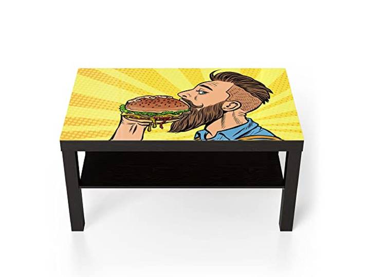 DEQORI Glastisch schwarz groß 90x50 cm Motiv Bärtiger Mann isst Burger ausgefallener Beistelltisch aus Glas Hochglanz Couchtisch fürs Wohnzimmer moderner Couch Tisch mit Design