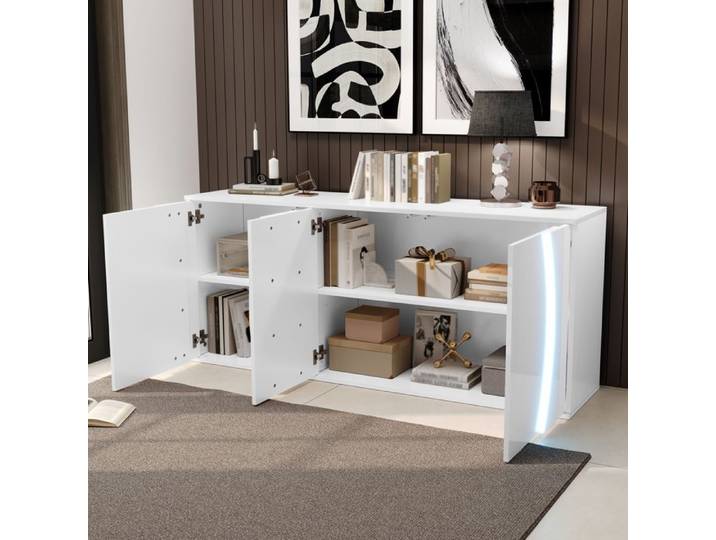 Buffet bas 3 portes AESVAR 150 cm blanc brillant éclairage LED panneau de particules