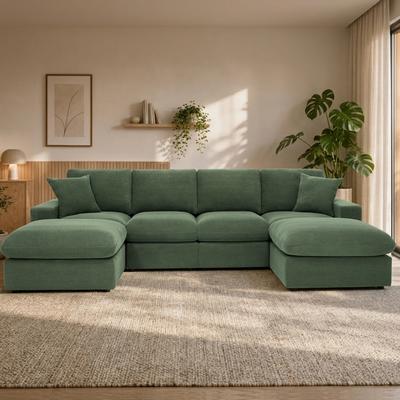Modern Polyester Sectional Sofa with Cloud-Like Cushions & Two Ottomans by GDFStudio