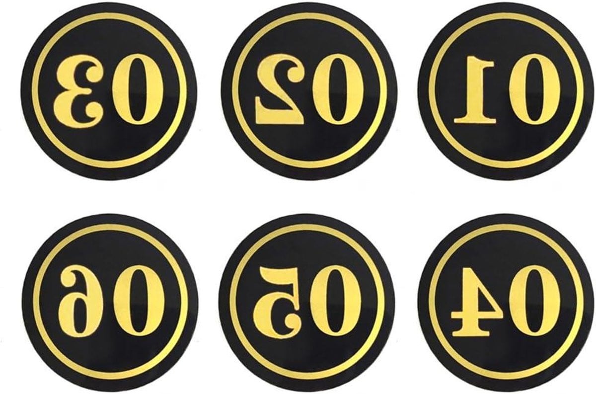 Ronde zelfklevende nummerlabels voor het markeren van deuren, zwart/goud, diameter: 6 cm