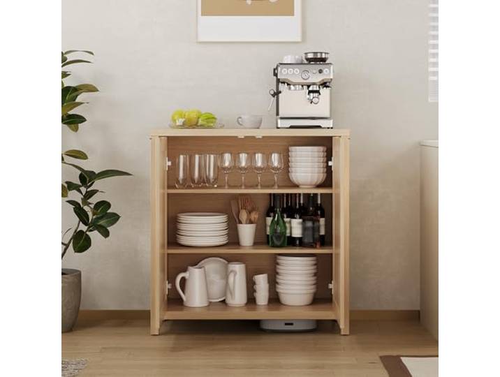 IDEALHOUSE Rattan Sideboard Mit Verstellbaren Ablagen, 87cm Buffetschrank aus Spanplatte, viel Stauraum, geeignet für Küche, Esszimmer und Diele