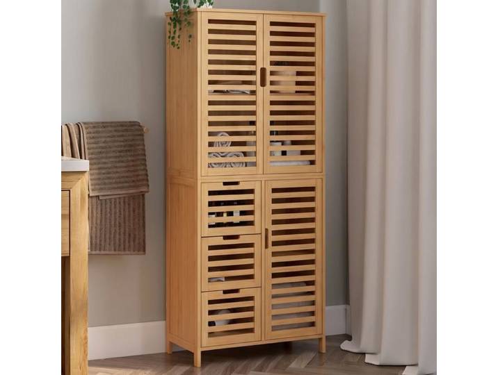 IDMARKET Meuble armoire colonne salle de bain bambou BEA 3 portes et 3 tiroirs